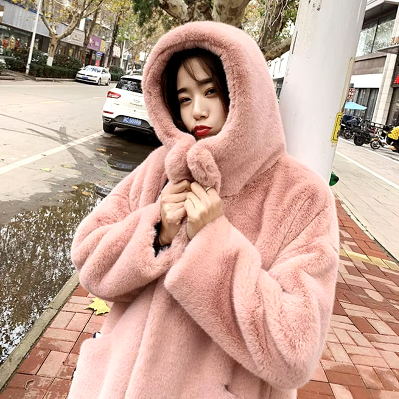 Winter Jacket Women High Quality Faux Rabbit Fur Coat Luxury Long Fur Jacket Overcoat Thick Warm Large Size Female Plush Coats