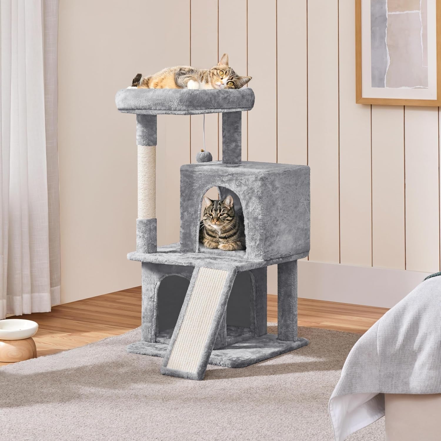 36In Cat Tree Cat Tower Play House Climber Stand Furniture with Scratching Post, Plush Perch, Dangling Ball, Two Condo and Ramp, Suit for Kittens, Cats and Pet