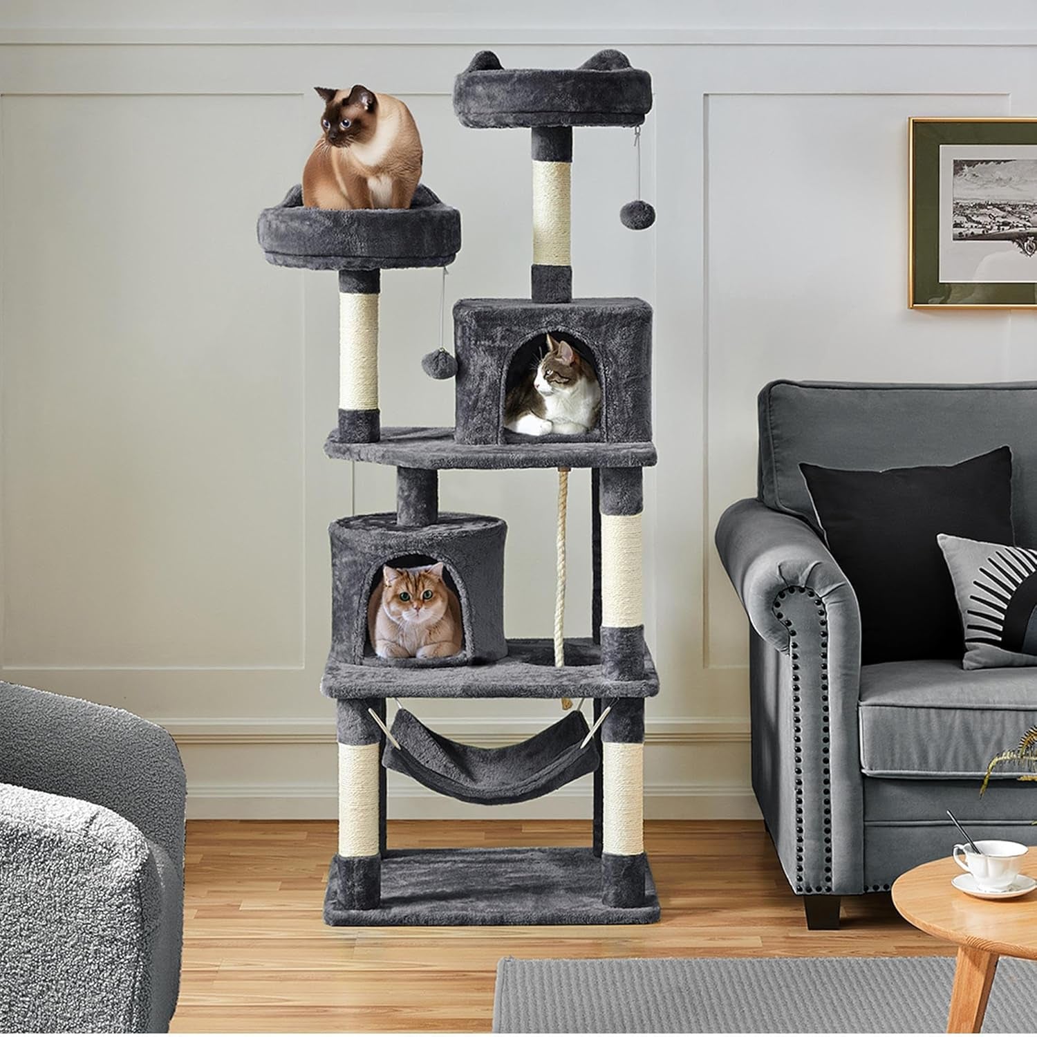 62.2 Inches Cat Tree Cat Towers Cat Condo with Platform & Hammock, Scratching Posts for Kittens Pet Play House with Plush Perch for Indoor Activity Relaxing