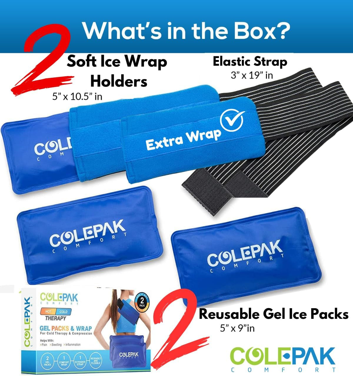 Hot and Cold Ice Packs for Injuries Reusable Gel - 2 Ice Packs, 2 Ice Pack Wrap Holders, Soft & Flexible - Ice Pack for Knee, Back, Foot, Leg Injuries