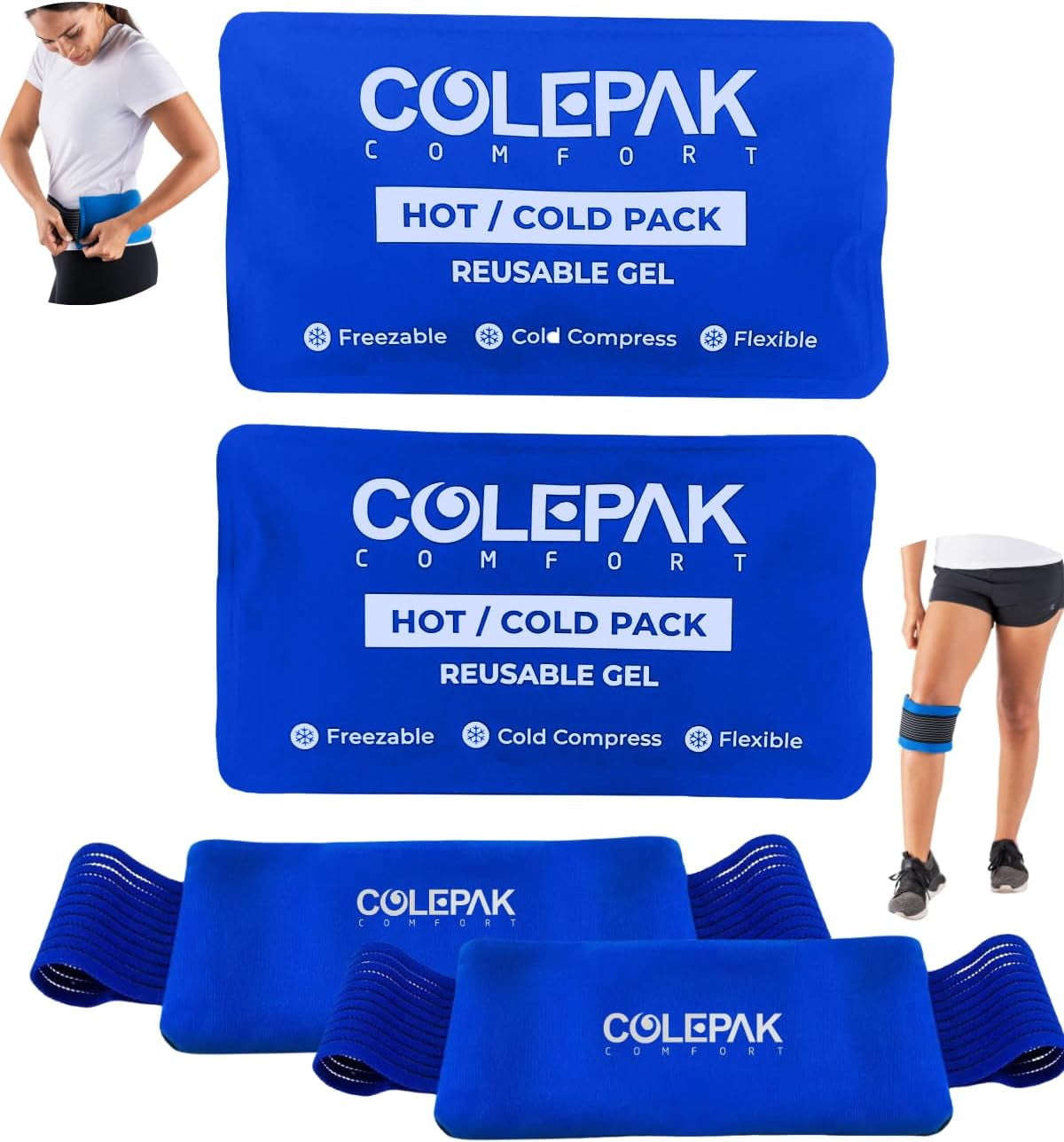 Hot and Cold Ice Packs for Injuries Reusable Gel - 2 Ice Packs, 2 Ice Pack Wrap Holders, Soft & Flexible - Ice Pack for Knee, Back, Foot, Leg Injuries
