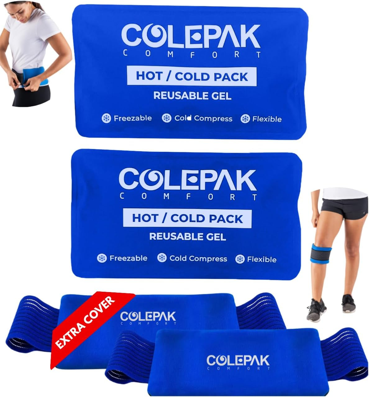 Hot and Cold Ice Packs for Injuries Reusable Gel - 2 Ice Packs, 2 Ice Pack Wrap Holders, Soft & Flexible - Ice Pack for Knee, Back, Foot, Leg Injuries