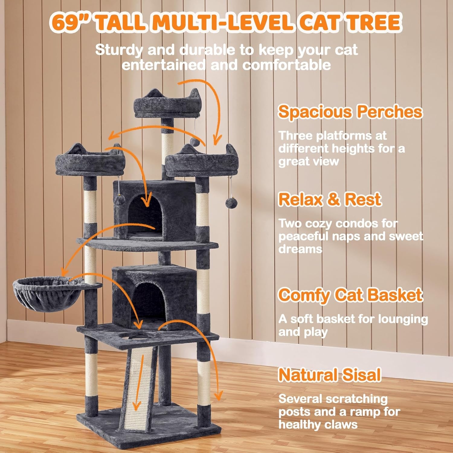 68.5In Multi-Level Large Cat Condo with Sisal-Covered Platforms Scratching Board & Scratching Posts, Cozy Perches, Stable Cat Tower/Tree Pet Play House, Dark Gray