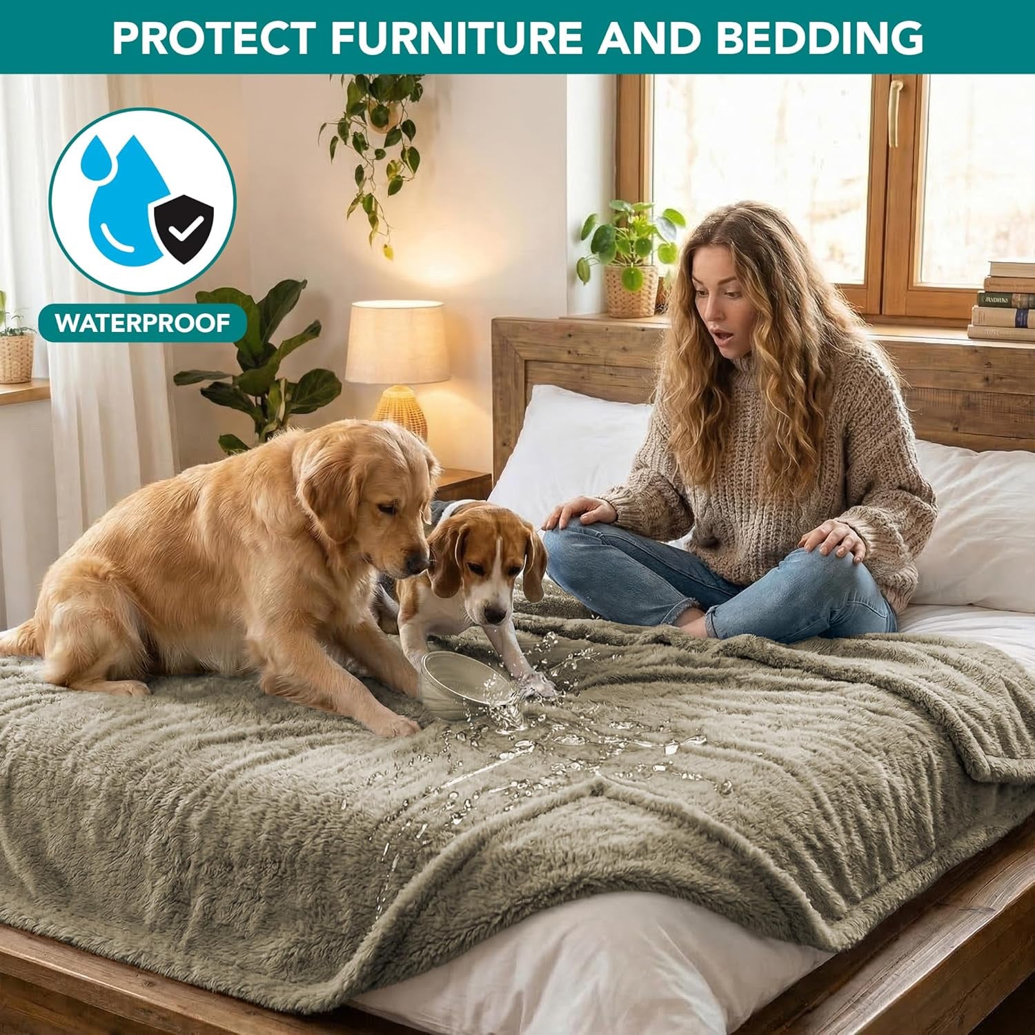 Fluffy Waterproof Dog Blanket Fleece | Soft Warm Pet Fleece Throw for Large Dogs and Cats | Fuzzy Plush Sherpa Throw Furniture Protector Sofa Couch Bed