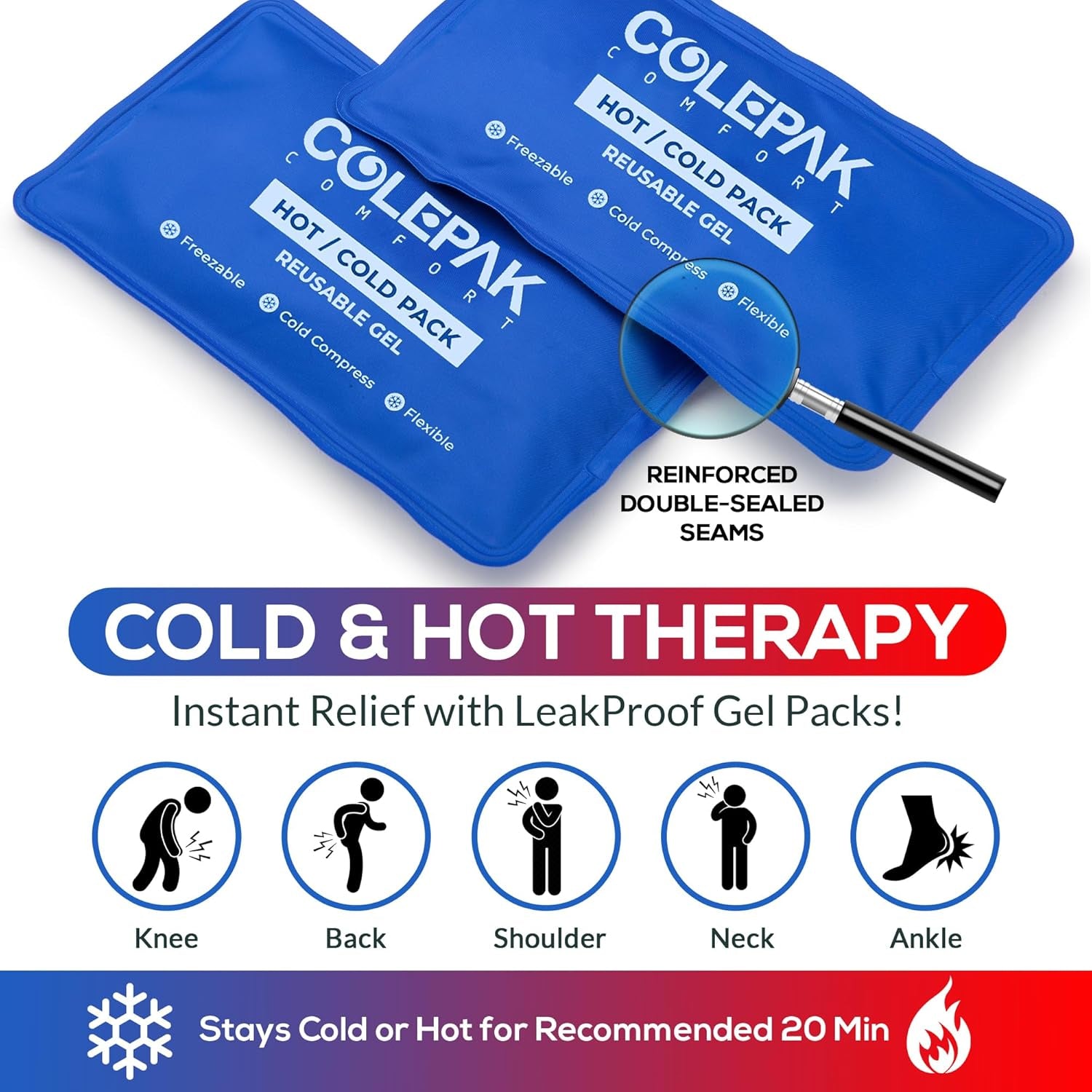 Hot and Cold Ice Packs for Injuries Reusable Gel - 2 Ice Packs, 2 Ice Pack Wrap Holders, Soft & Flexible - Ice Pack for Knee, Back, Foot, Leg Injuries
